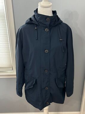 Lands End Women's Medium Petite Navy Blue Hooded Rain Jacket Lightweight Coat